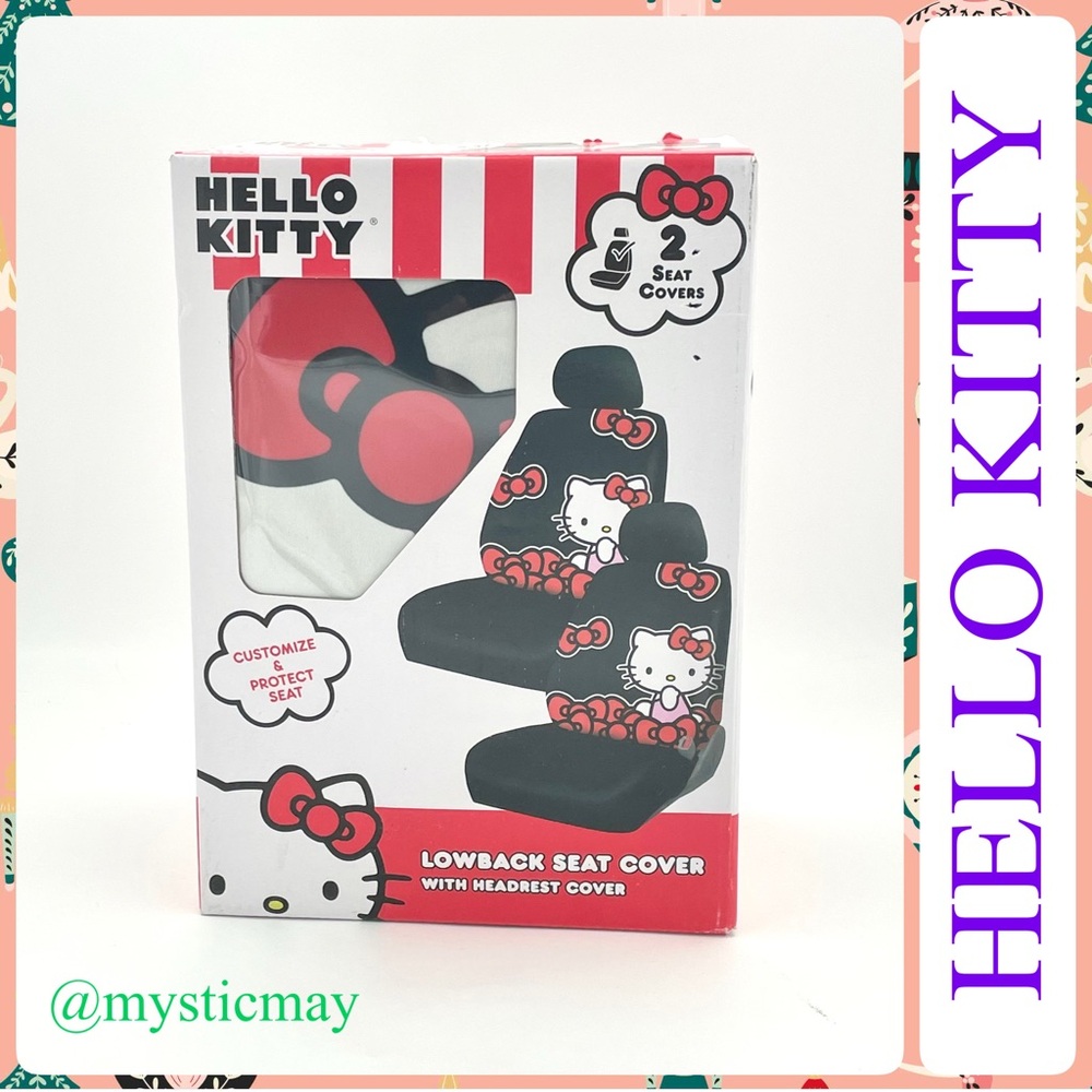New HELLO KITTY w BOWS Set of 2 Lowback Car SEAT COVERS w Vehicle Headrest Cover